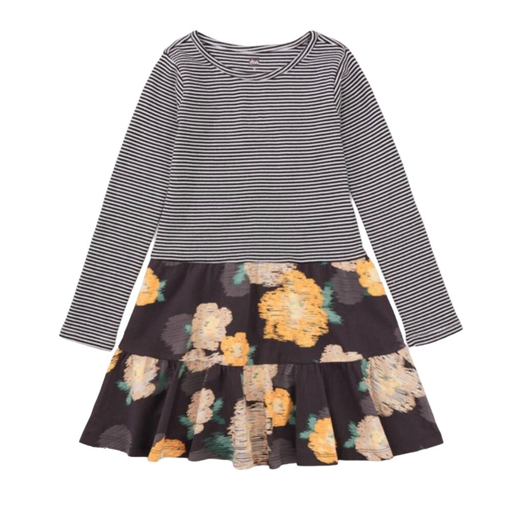 NWT! Tea Collection Skirted Dress with Stripes. Impressionist Roses. Size 4.